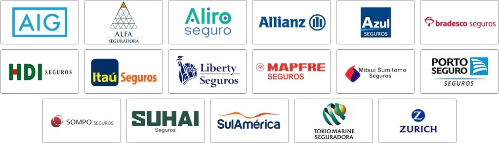 AIG, Alfa, Aliro,Allianz, Azul, Bradesco, HDI, Itaú, Liberty, Mapfre, Mitsui, Porto, Sompo Seguros, Suhai, Sulamerica, Tokio Marine, Zurich